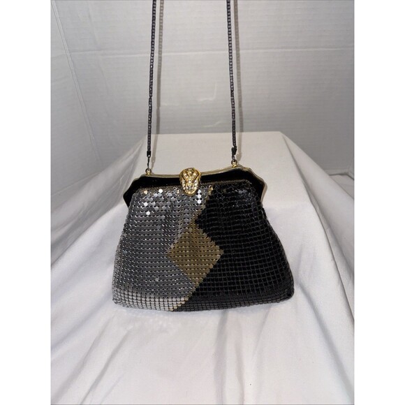 Vintage Black Silver Gold Metallic Zippered Evening Bag Purse Chain Strap - Picture 3 of 11